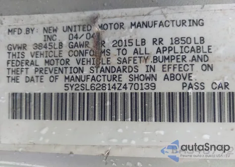 2004 Pontiac Vibe z USA, uszkodzony, nr VIN 5Y2SL62814Z470139